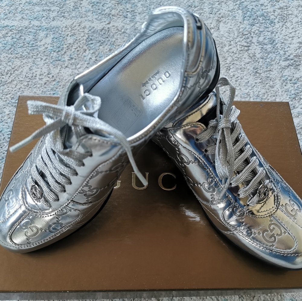 Gucci GG Leather Sneaker in Metallic Silver